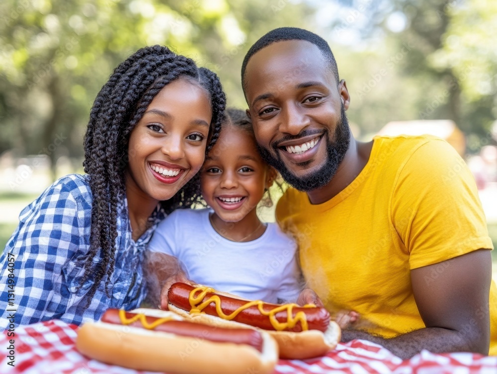 Joyful family enjoying a picnic with hot dogs on a sunny day in the park creating happy memories together in nature
