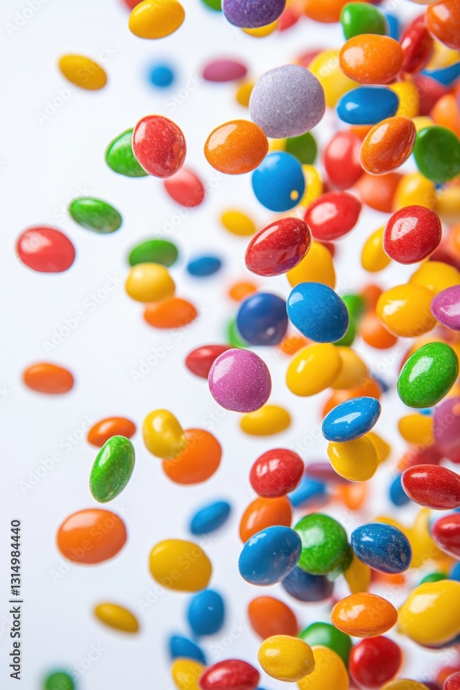 Colorful candy coated chocolate lentils falling in a vibrant cascade against a clean white background studio shot creating a playful and dynamic food photography Colorful candy coated chocolate lentils falling in a vibrant cascade against a clean white background studio shot creating a playful and dynamic food photography