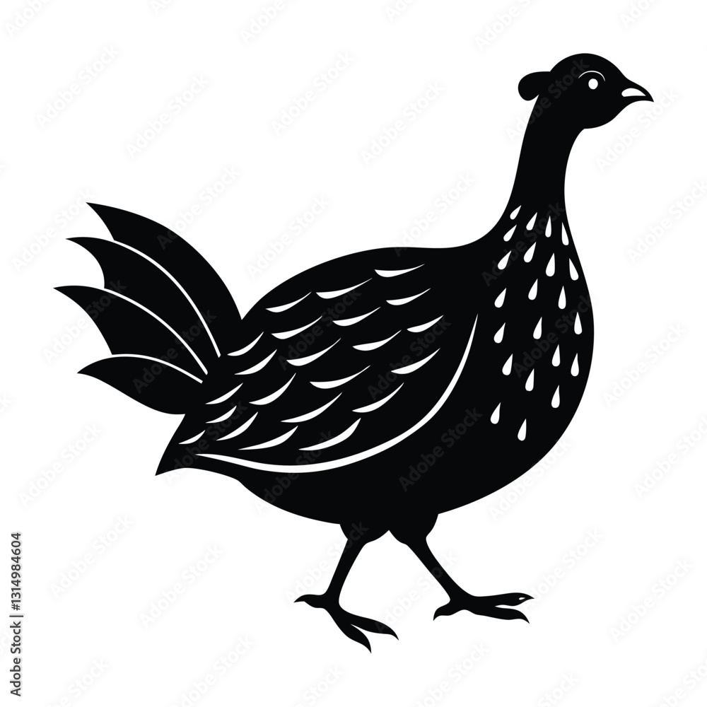 Fototapeta premium Guinea Fowl Running with Slightly Spread Wings Silhouette on White Background