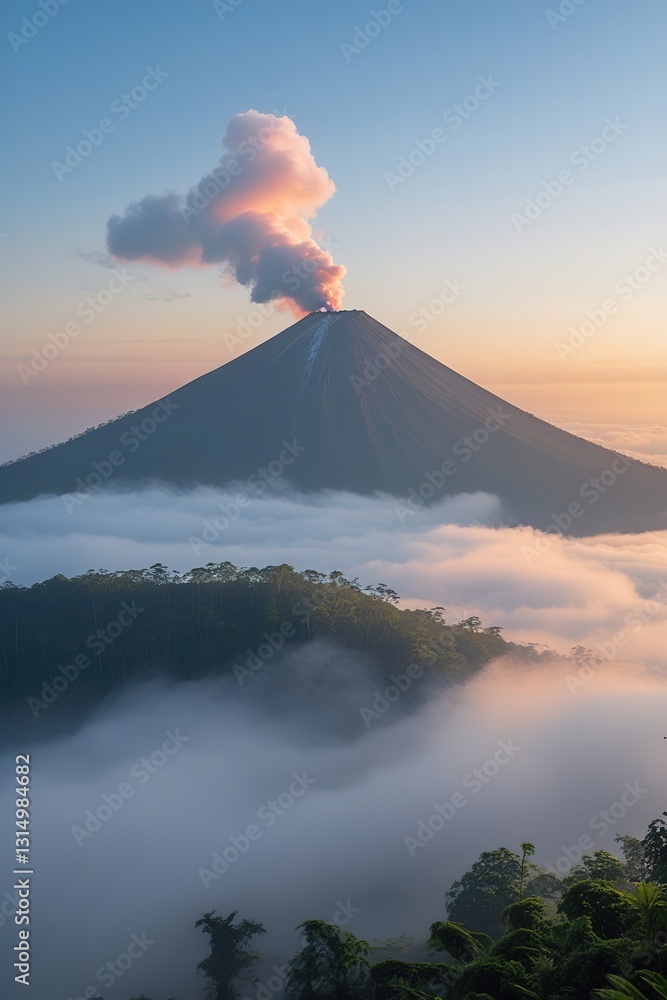 Fototapeta premium Sunrise Volcano Eruption with Mist Below