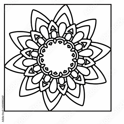 Easy and Simple mandala with triangles,abstract floral elements, meditative flower motif and Vintage monochrome element for coloring pages and design.
