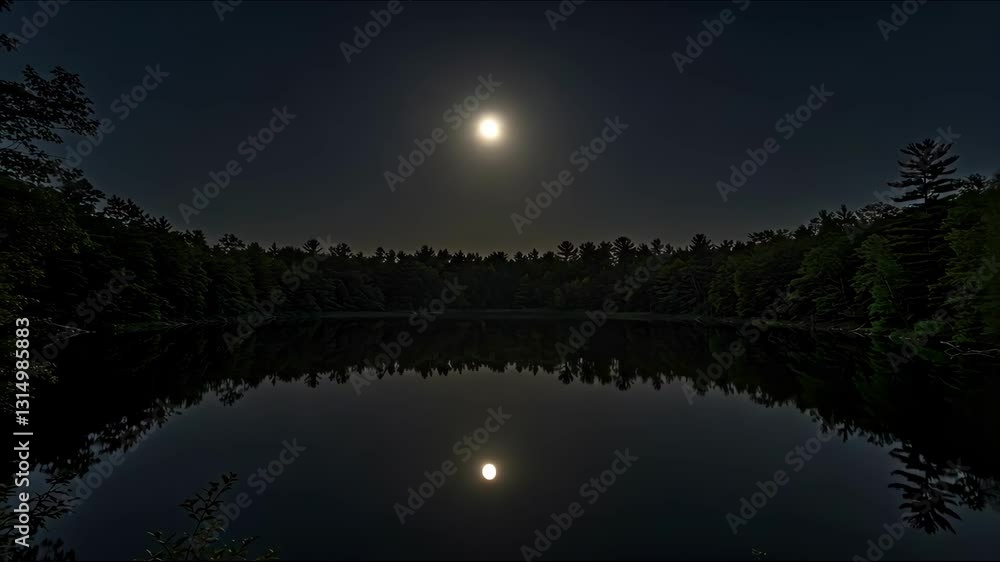 A tranquil lake reflecting the moonlight amidst forested edges A tranquil lake reflecting the moonlight amidst forested edges