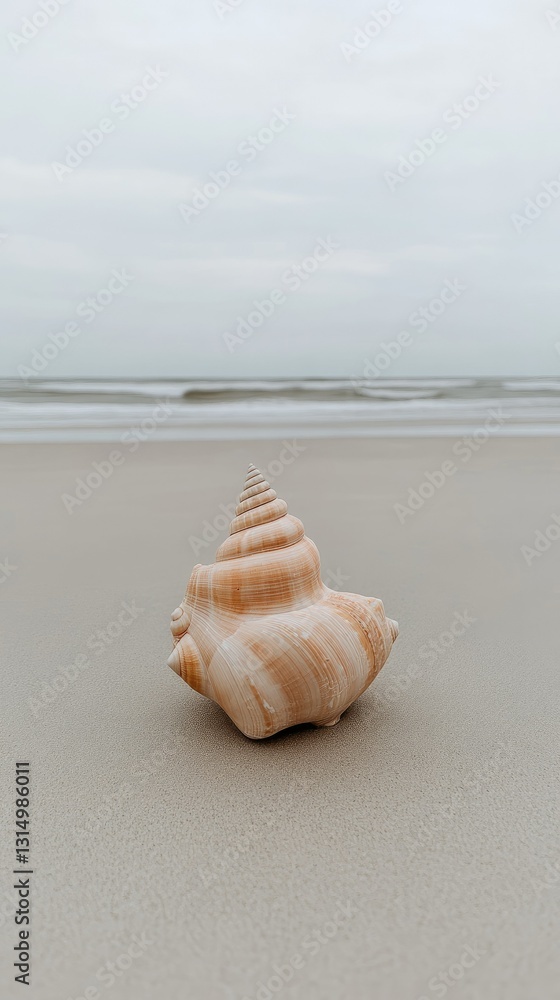 A beautiful seashell rests on a sandy beach with calm waves gently rolling in the background during an overcast day A beautiful seashell rests on a sandy beach with calm waves gently rolling in the background during an overcast day