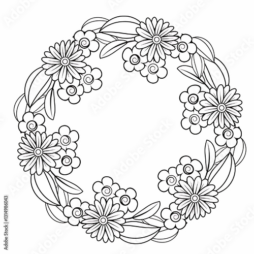 Easy and Simple mandala with triangles,abstract floral elements, meditative flower motif and Vintage monochrome element for coloring pages and design.