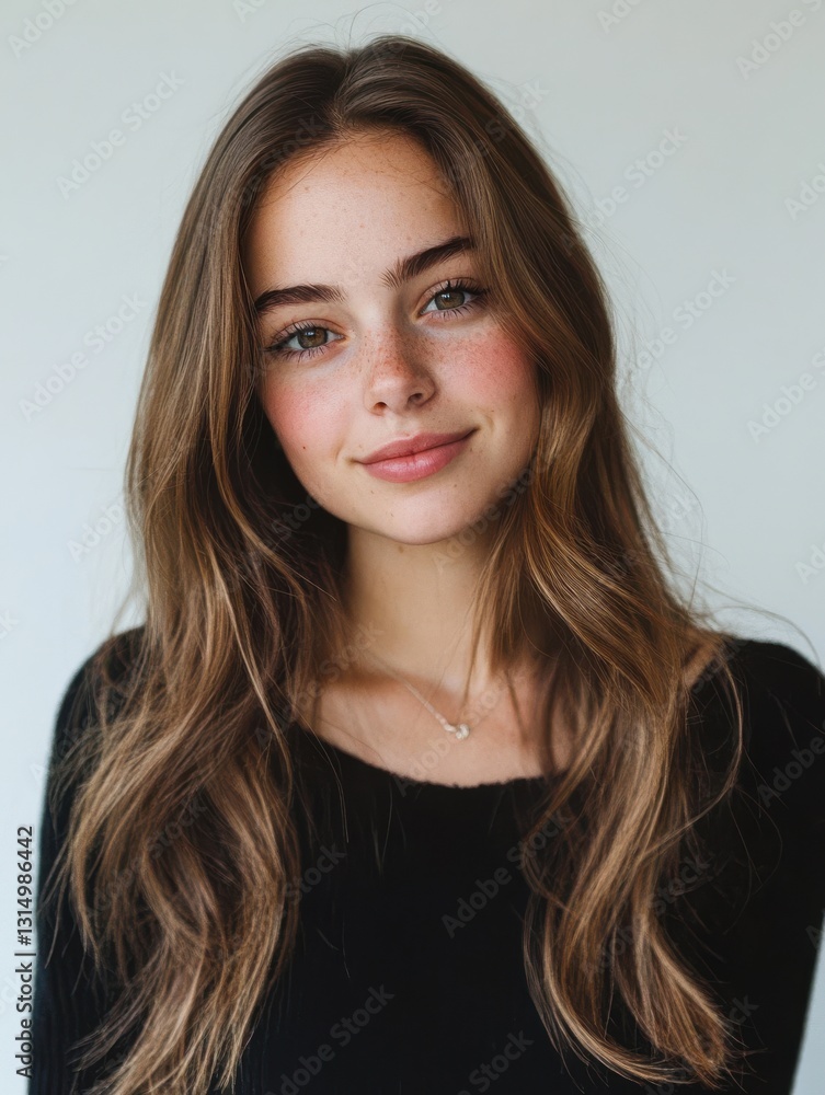 Fototapeta premium Young woman with long wavy light brown hair, blue eyes, black top, and delicate gold necklace