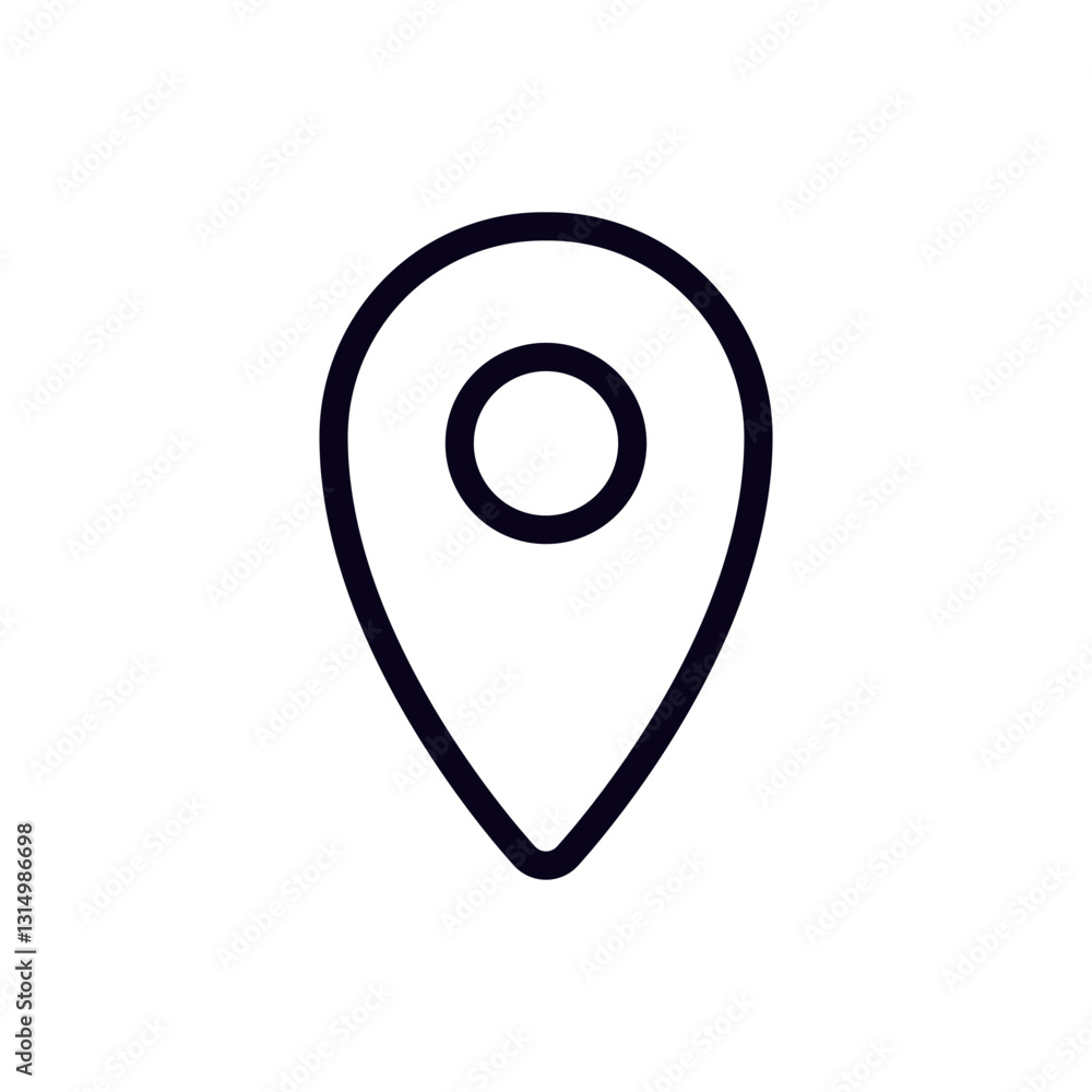 Simple black pin design represents a location marker on a white surface, showing direction or place. Simple black pin design represents a location marker on a white surface, showing direction or place.