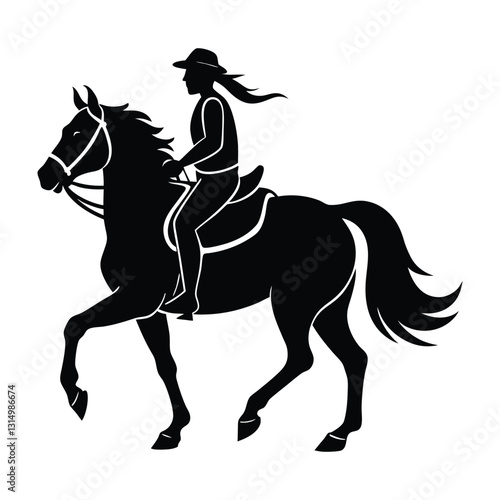 Horse Trotting with a Riderless Saddle Silhouette on White Background