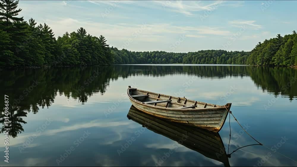 A tranquil lake scene with a wooden boat and lush reflections A tranquil lake scene with a wooden boat and lush reflections