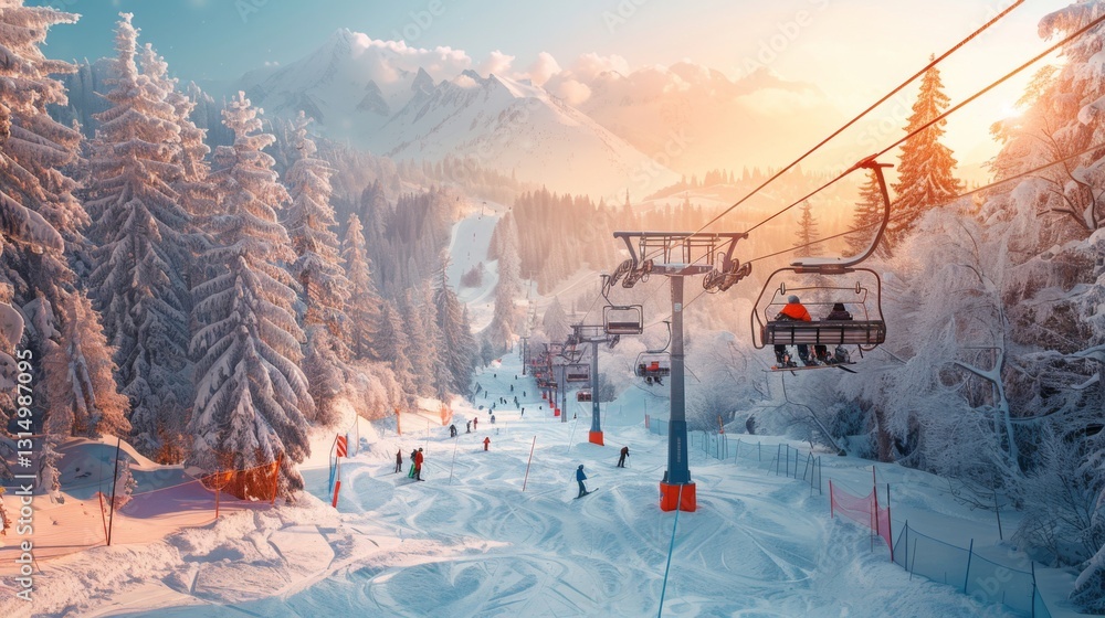 Crowds of skiers navigate the snowy trails at a mountain resort while ski lifts transport riders, surrounded by towering pine trees and scenic peaks bathed in warm sunlight. Crowds of skiers navigate the snowy trails at a mountain resort while ski lifts transport riders, surrounded by towering pine trees and scenic peaks bathed in warm sunlight.