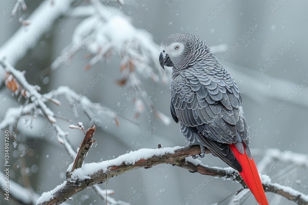 Obraz premium Gray parrot perched on a snow-covered branch during a winter snowfall.