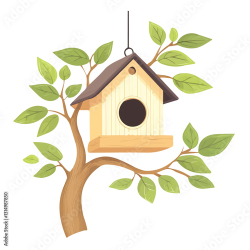 2D flat vector illustration A birdhouse hanging on a tree branch icon isolated on a white background.


