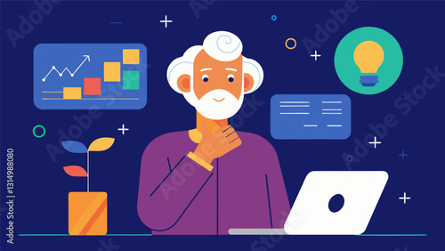 An elder on a tech startup board offering thoughtful and considered advice based on decades of experience in the industry.. Vector illustration