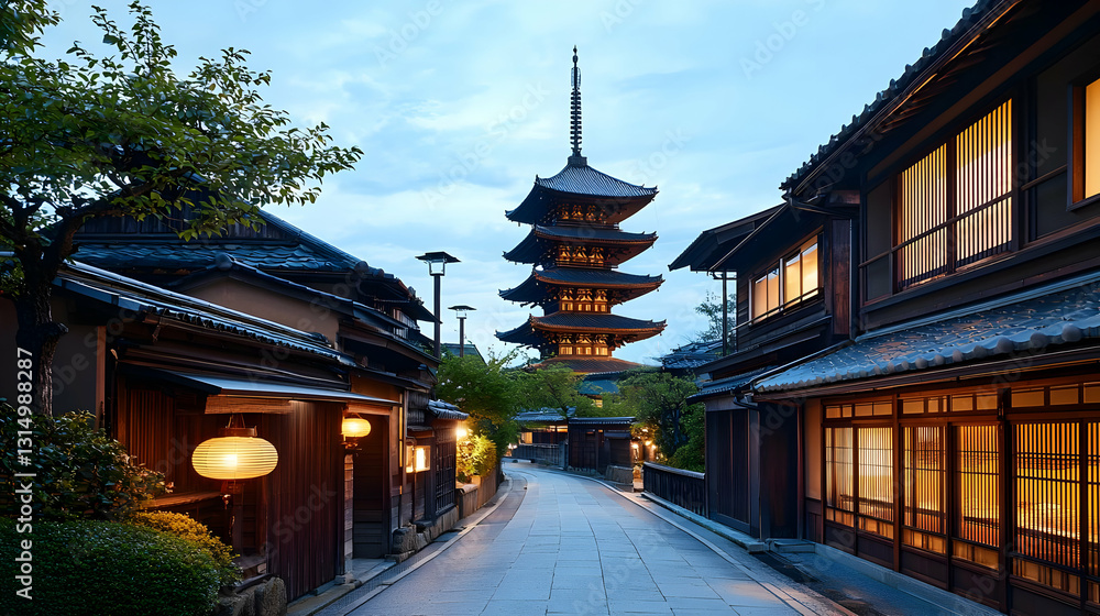 Fototapeta premium Illuminated Yasaka Pagoda and Traditional Wooden Houses at Twilight in Kyoto Japan