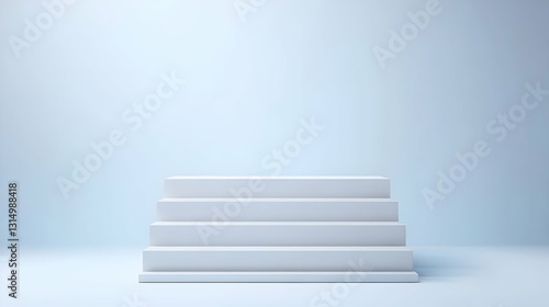 White Four Tiered Podium Or Stage In Minimalist Blue Studio Setting With Bright Lighting For Product Display