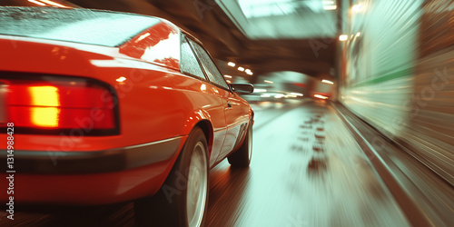 A dynamic photo of a fast sporty coupé car in motion, taken from behind. Styled in the 90s fashion. Space for text. 
