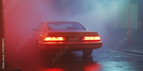 A cinematic atmosphere. A car from the late 80s or early 90s stands in fog in an unspecified urban or industrial setting. Blue and red lighting. The rear lights of a large 2-door coupe are lit up.