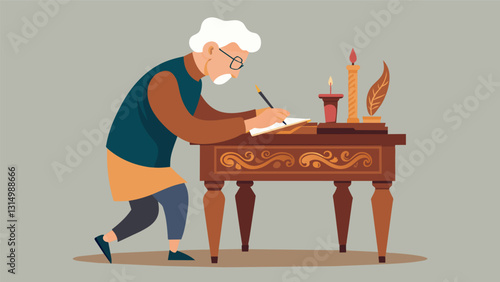 A senior using a wood burning tool to add intricate designs to a restored antique writing desk adding a touch of uniqueness to the piece.. Vector illustration
