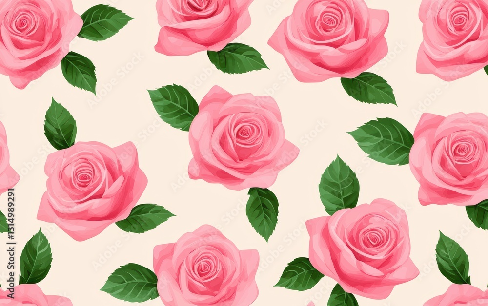 A vibrant pattern of pink roses and green leaves on a soft beige background, creating a fresh and cheerful floral design. A vibrant pattern of pink roses and green leaves on a soft beige background, creating a fresh and cheerful floral design.