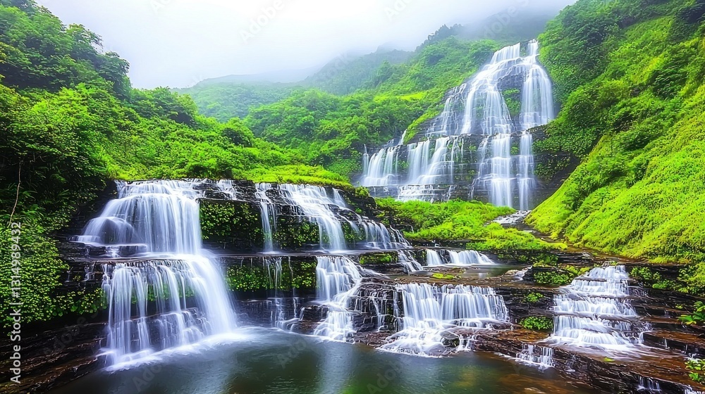 Fototapeta premium Majestic tiered waterfall cascading in lush misty mountain rainforest