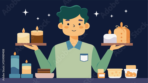 A young entrepreneur displayed handmade candles and soaps eager to trade with neighbors for unique items they had to offer.. Vector illustration