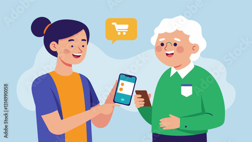 A young volunteer showing a senior how to use shopping apps on their smartphone to make online purchases.. Vector illustration