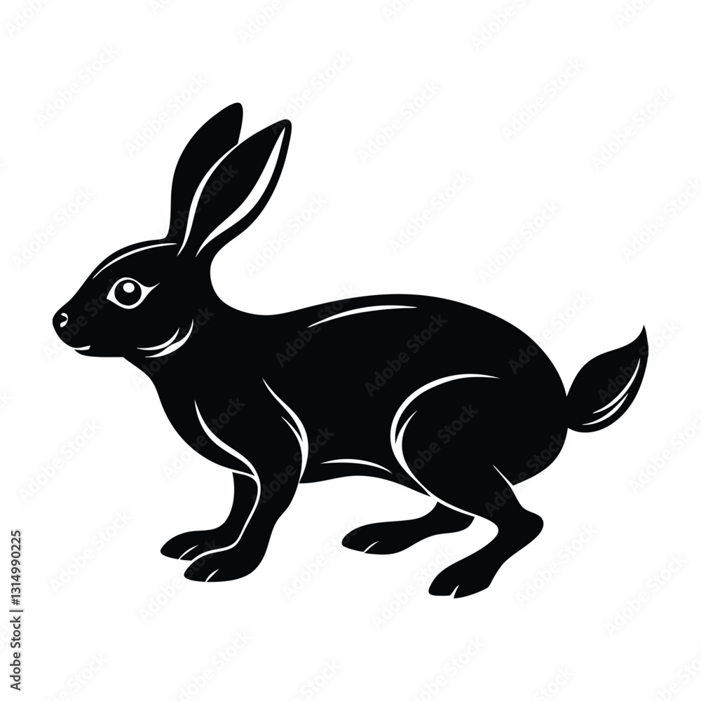 Obraz premium Rabbit Leaping Forward with Ears Tilted Back Silhouette on White Background