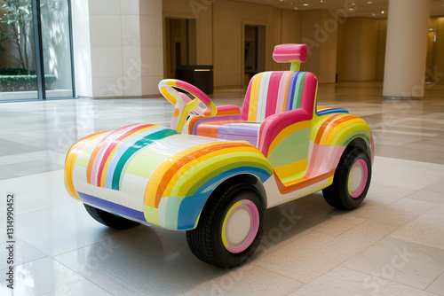 A small, rounded, rainbow-colored car that looks like a materialized children's drawing.