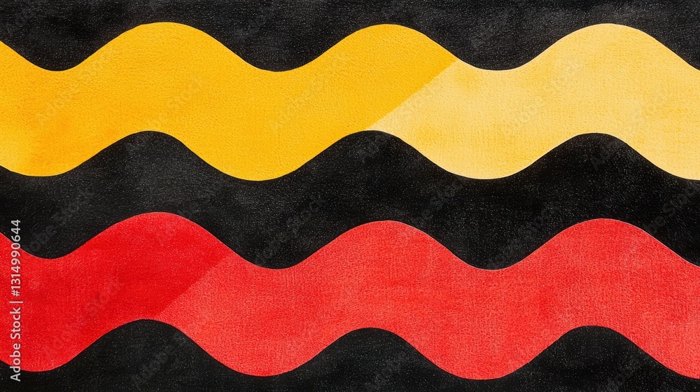 A vibrant abstract pattern featuring wavy lines in yellow, black, red, and orange colors. A vibrant abstract pattern featuring wavy lines in yellow, black, red, and orange colors.