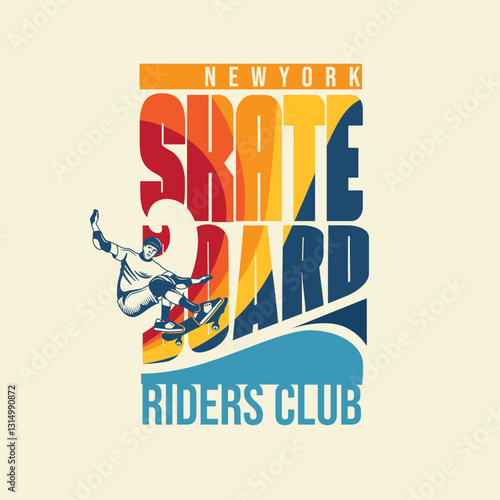 Skate board rider club new york retro typography vector illustration poster