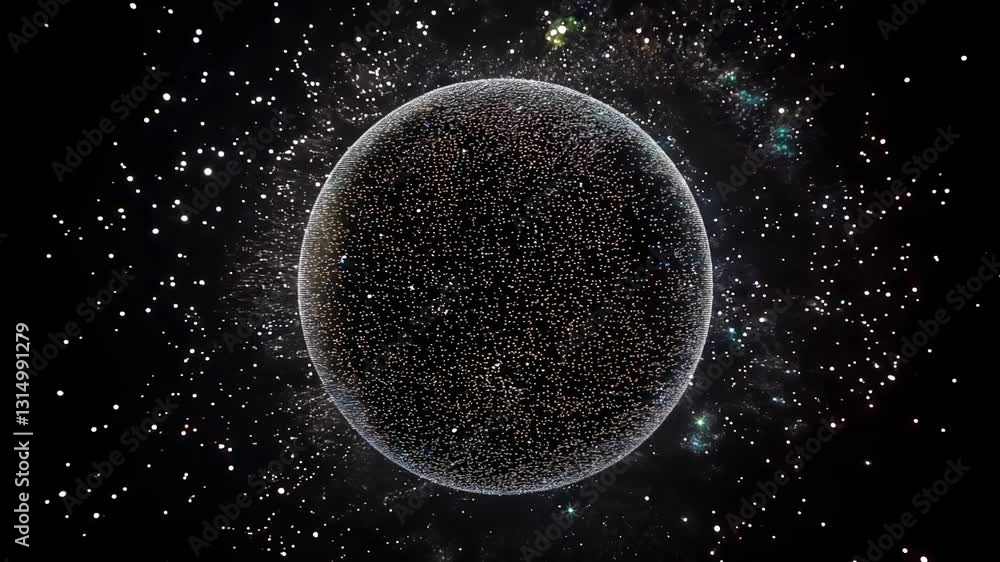 Mysterious cosmic sphere surrounded by floating particles in deep space with glowing stars
