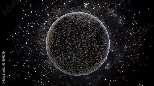 Mysterious cosmic sphere surrounded by floating particles in deep space with glowing stars