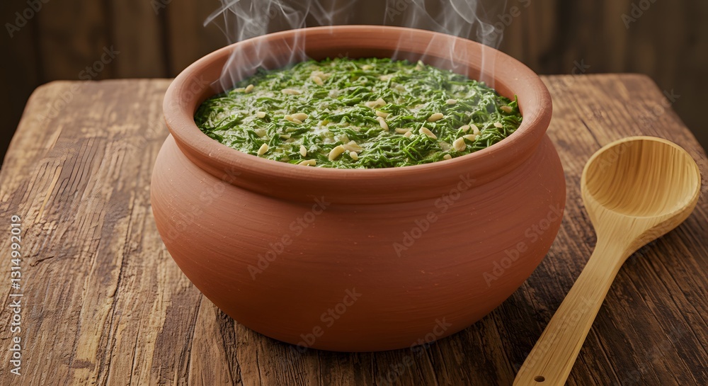 Steaming hot bowl of delicious creamy spinach soup recipe eat food clay meal home diet dish spoon Steaming hot bowl of delicious creamy spinach soup recipe eat food clay meal home diet dish spoon