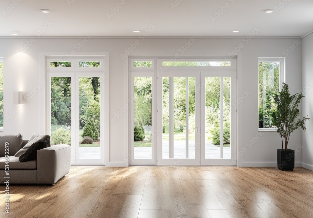 Fototapeta premium Bright, airy living room with hardwood floors, large windows, and patio doors opening to a lush green garden.
