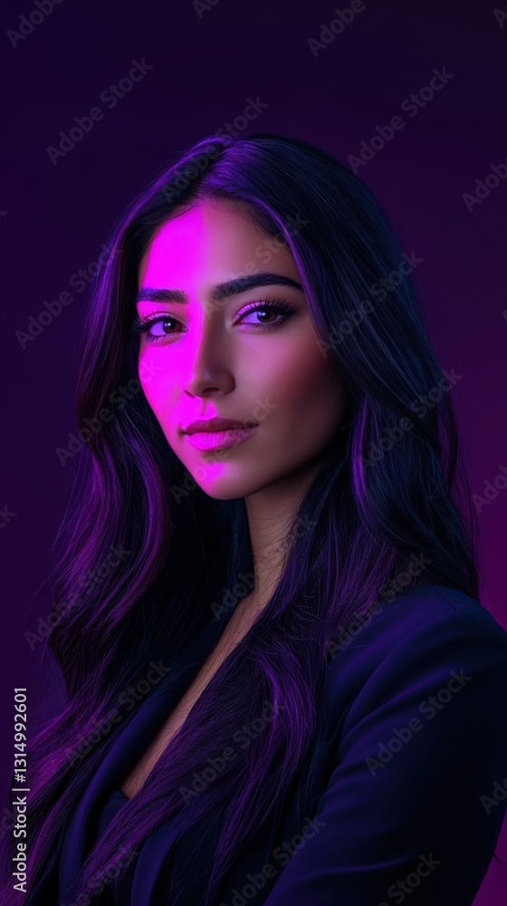 Fototapeta premium Woman with long dark hair in purple light