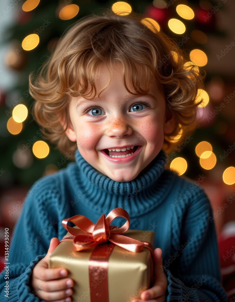 Joyful child with christmas gift under tree - perfect for holiday cards or seasonal promotions Joyful child with christmas gift under tree - perfect for holiday cards or seasonal promotions