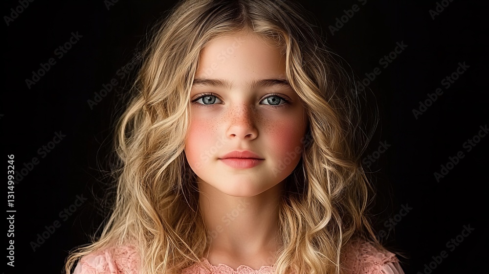 Fototapeta premium A young girl with blonde, wavy hair stares intently at the camera. Her rosy cheeks and freckles add to her captivating gaze.