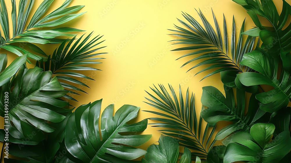 Tropical palm branches on vibrant yellow background for bold nature designs Tropical palm branches on vibrant yellow background for bold nature designs