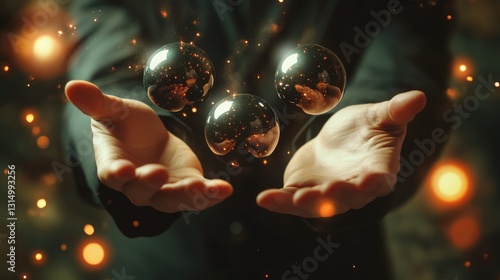 Enchanting Performance: Magician Demonstrates Sleight of Hand with Colorful Magic Balls