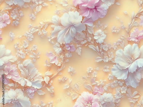 Wallpaper Mural Seamless Pattern - Elegant floral pattern with white and pastel pink flowers on a light yellow background. Torontodigital.ca