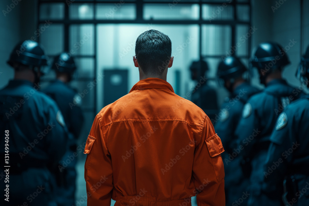 Prisoner in orange jumpsuit walking down prison hallway escorted by police officers in riot gear Prisoner in orange jumpsuit walking down prison hallway escorted by police officers in riot gear