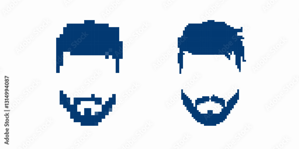 Fototapeta premium Two bearded male faces in pixel art style. minimalistic features with distinct blue color accents.
