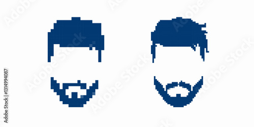 Two bearded male faces in pixel art style. minimalistic features with distinct blue color accents.