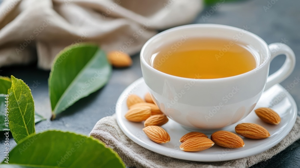 A cup of tea, next to it is a white plate with almonds. A cup of tea, next to it is a white plate with almonds.