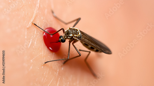 Mosquito sucking blood. dengue hemorrhagic fever aedes mosquito sucking human through the skin. nasty insect mosquito drinks the blood of the person causing itching photo