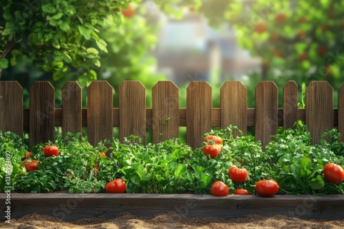 A lush garden with ripe tomatoes behind a wooden fence, bathed in sunlight. photo