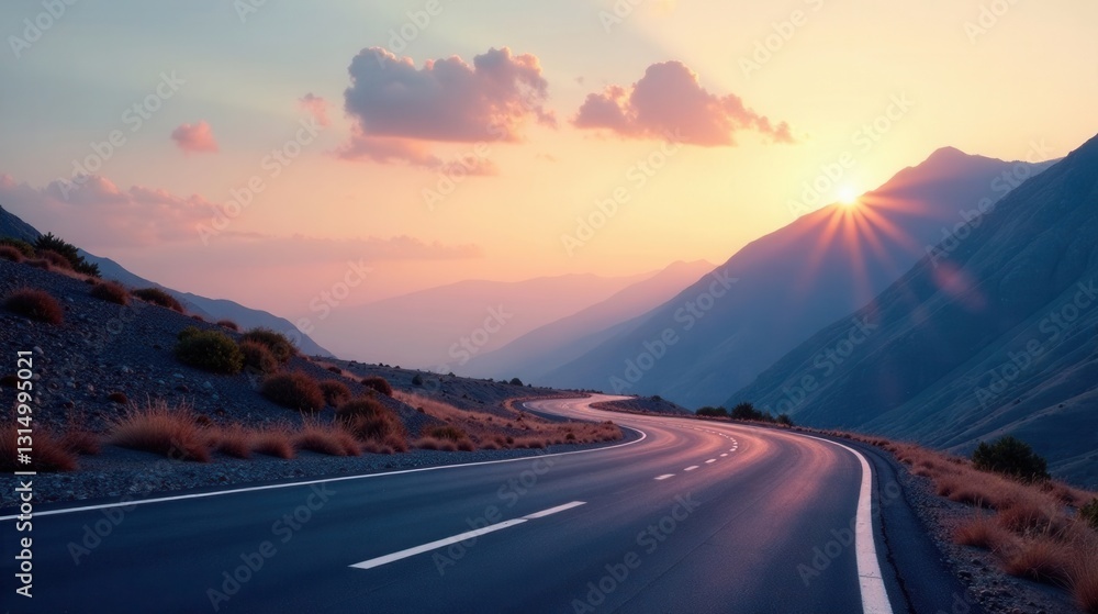 Fototapeta premium Serene Sunset Vista Winding Asphalt Road Through Majestic Mountains at Golden Hour