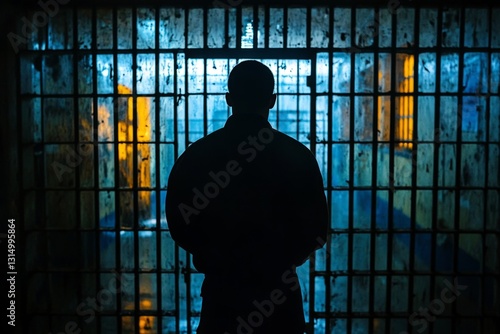 Silhouette of a prisoner standing behind bars, contemplating his life sentence in a jail cell, symbolizing captivity and confinement