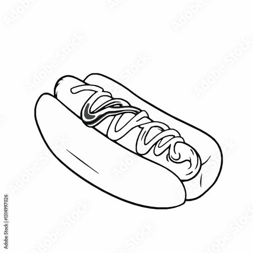  black outline vector of a hotdog with mustard and ketchup, isolated