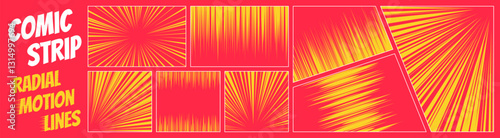 Bright energy burst with comic style radial flash set. Sunburst effect with glowing motion trails, adding dynamic superhero look to any design.