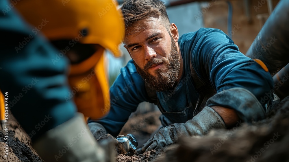 Man with a beard is wearing a blue shirt and a yellow helmet. He is looking at something on the ground Man with a beard is wearing a blue shirt and a yellow helmet. He is looking at something on the ground